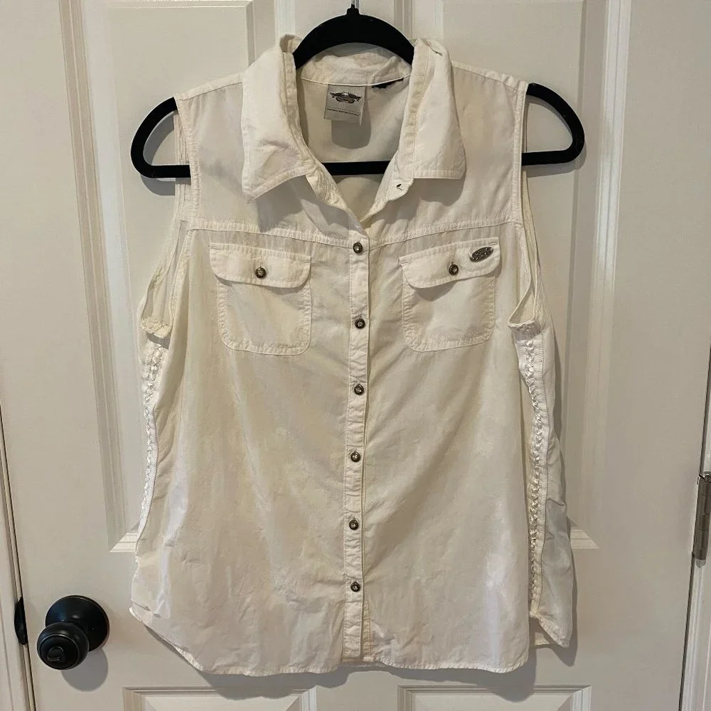 Harley Davidson White Rhinestone Loose Tank Blouse - Size M/L